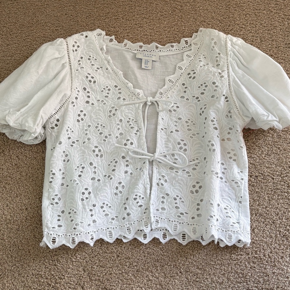 Calypso St. Barth White Eyelet Tie-Front Cropped Top